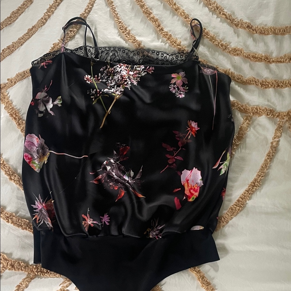 Victorias Secret Floral Black Satin Bodysuit